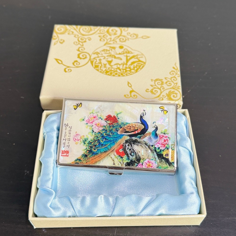 Korean Mother of Pearl Peacock Business Card Holder Case Silver Tone Mirror Box